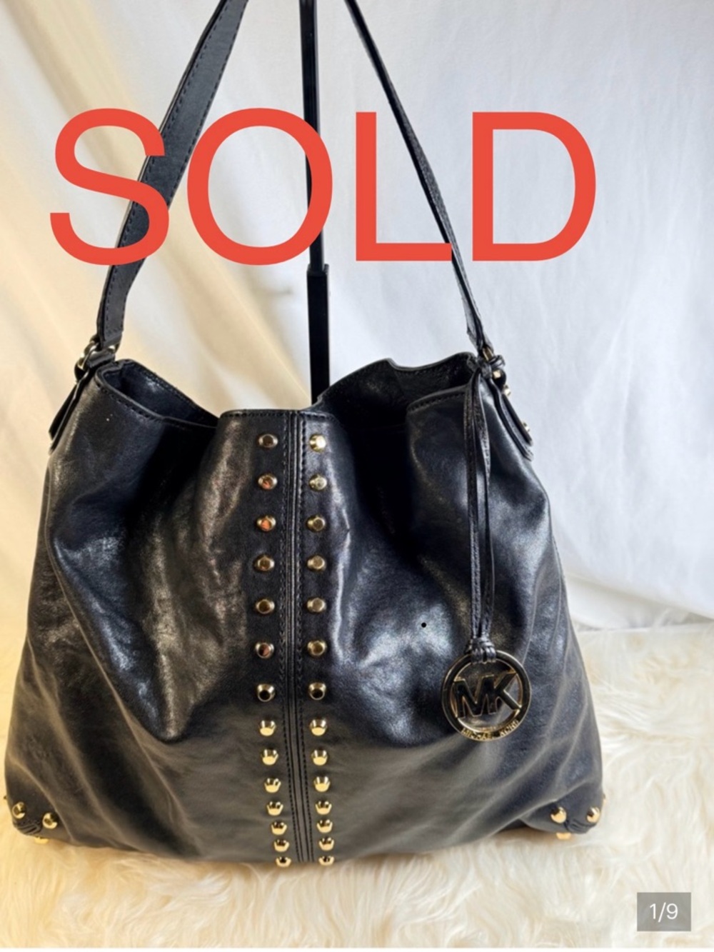 Michael Kors Uptown Astor Studded Hobo Bag Metallic Black Leather Gold Hardware